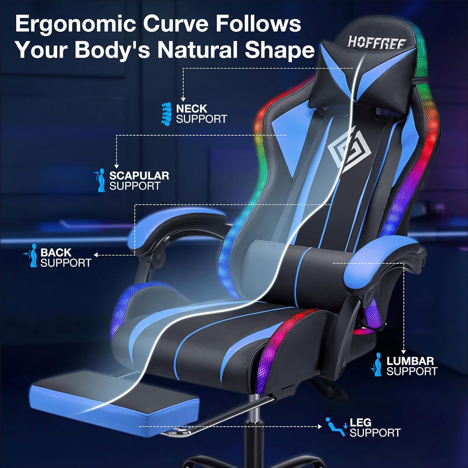 HOFFREE RGB Gaming Chair with Speakers Massage Computer Gaming Chair with LED Lights and Footrest High Back Video Game Chair for Adults Blue and Black