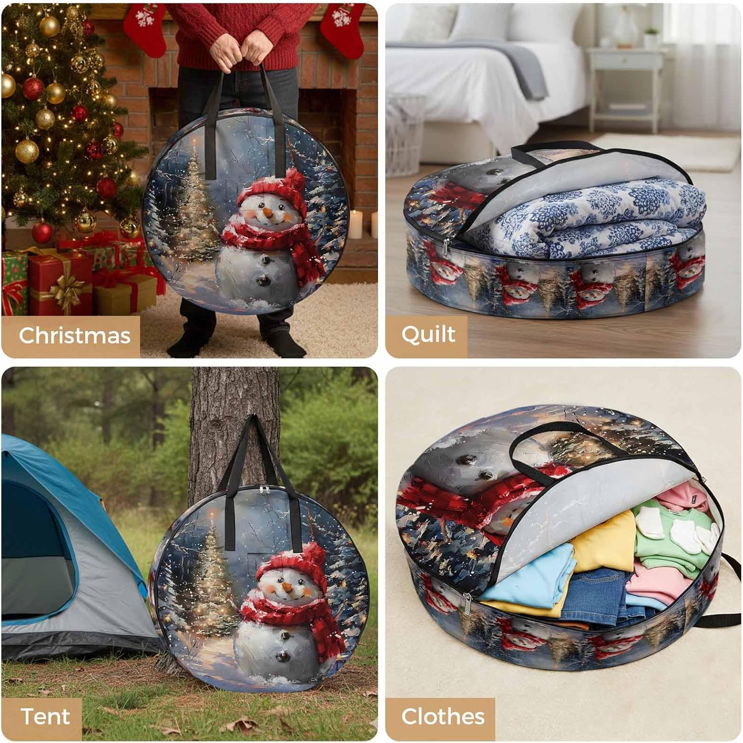 Christmas Cute Round Storage Bag 36 Inch, Red Scarf Snowman Clothes Storage Container with Handles Heavy Duty Organizer for Comforter, Bedding & Holiday Wreaths