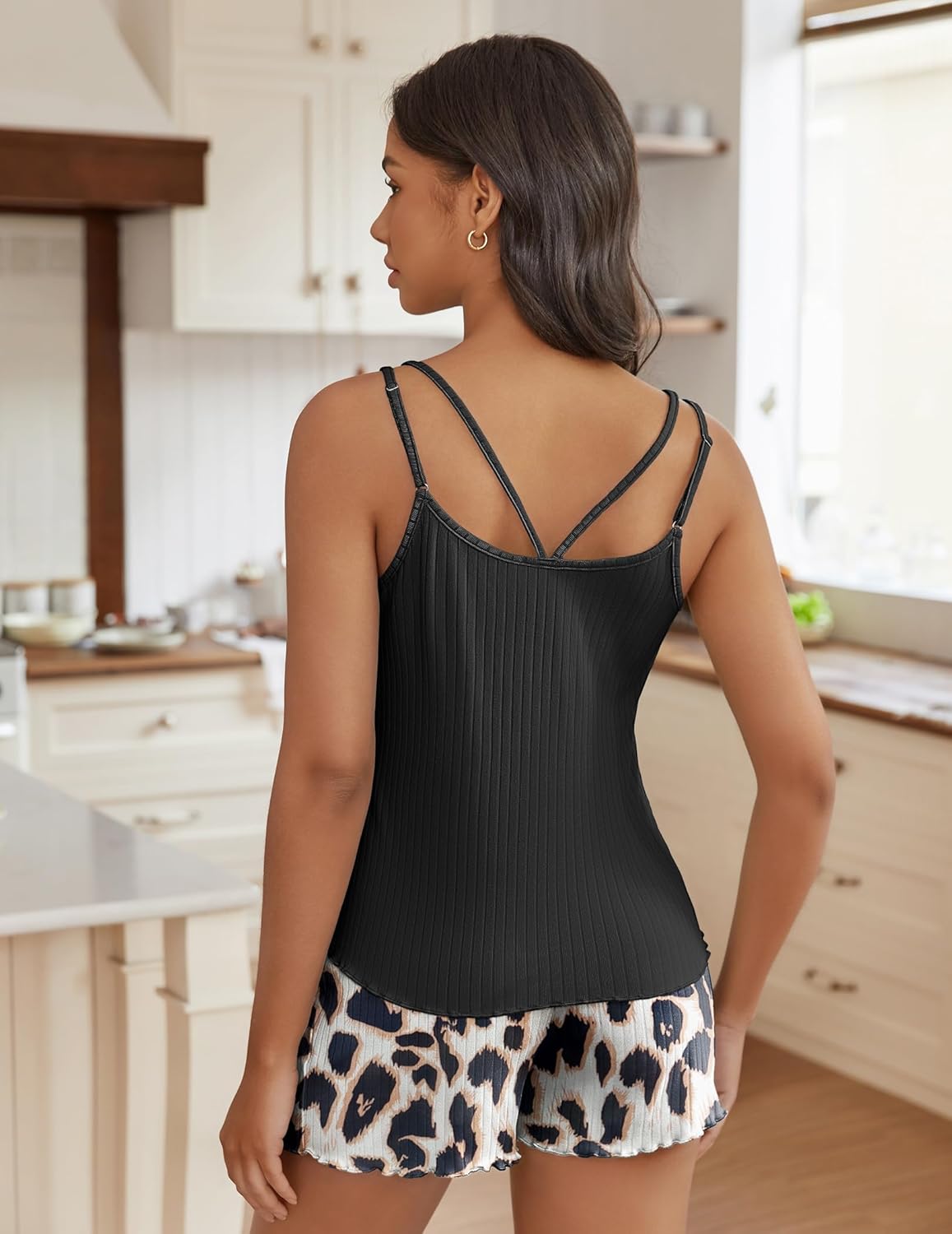 Ekouaer Womens Cami Pajama Sets 2 Piece Ribbed Knit PJs Tank Top and Shorts Set Lingerie Sleepwear - Image 4