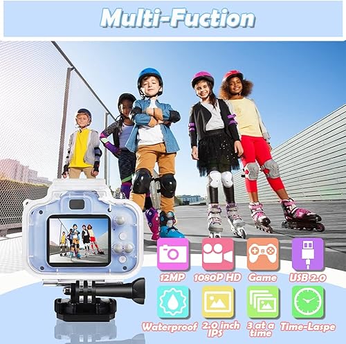 Miniatura 2 de BKMLSR Cámara de video para niños impermeable 1080P HD 12 MP cámara digital de acción para niños videocámara con tarjeta de 32 GB para niños de 3 a