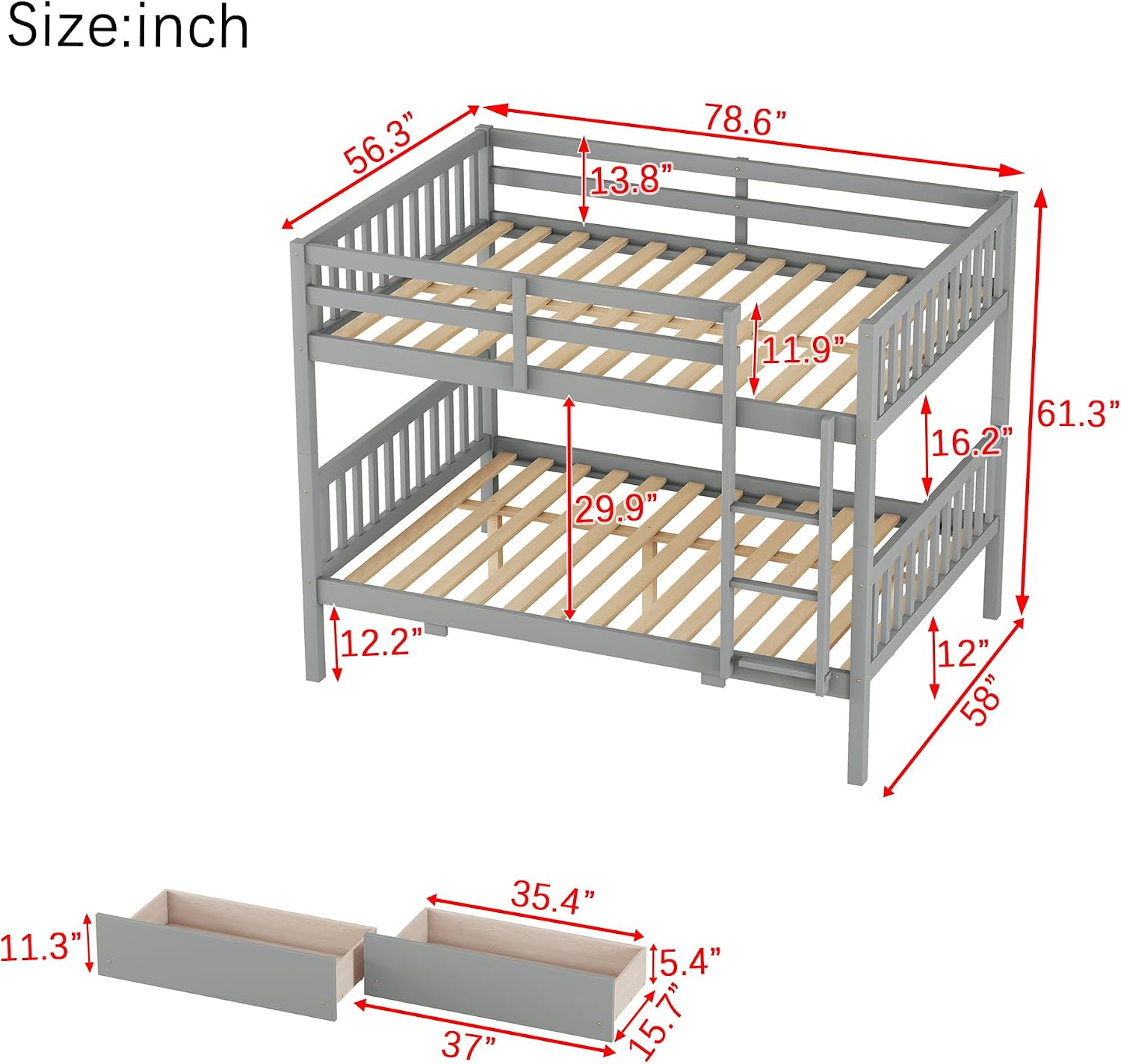 Full Over Full Bunk Beds with Ladders and 2 Storage Drawers, Bunk Bed Wood with Guardrail, Full Size Bunk Bed Can Be Converted into 2 Separate Beds, Grey