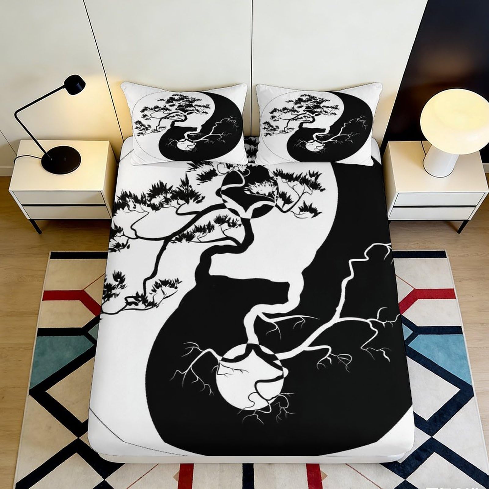 3D Printed Yin Yang Cat Fitted Sheet Microfiber Soft Breathable Sakura Tree Bed Cover for Bedroom Dorm Decor 90x200x25cm