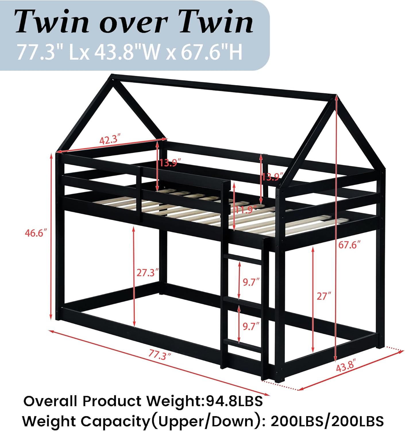 House Bunk Beds Twin Over Twin,Rubber Wood Tree House Bunk Bed for Kids,Floor Bunk Bed Frame with Roof and Guardrails for Baby Girls Boys,Black