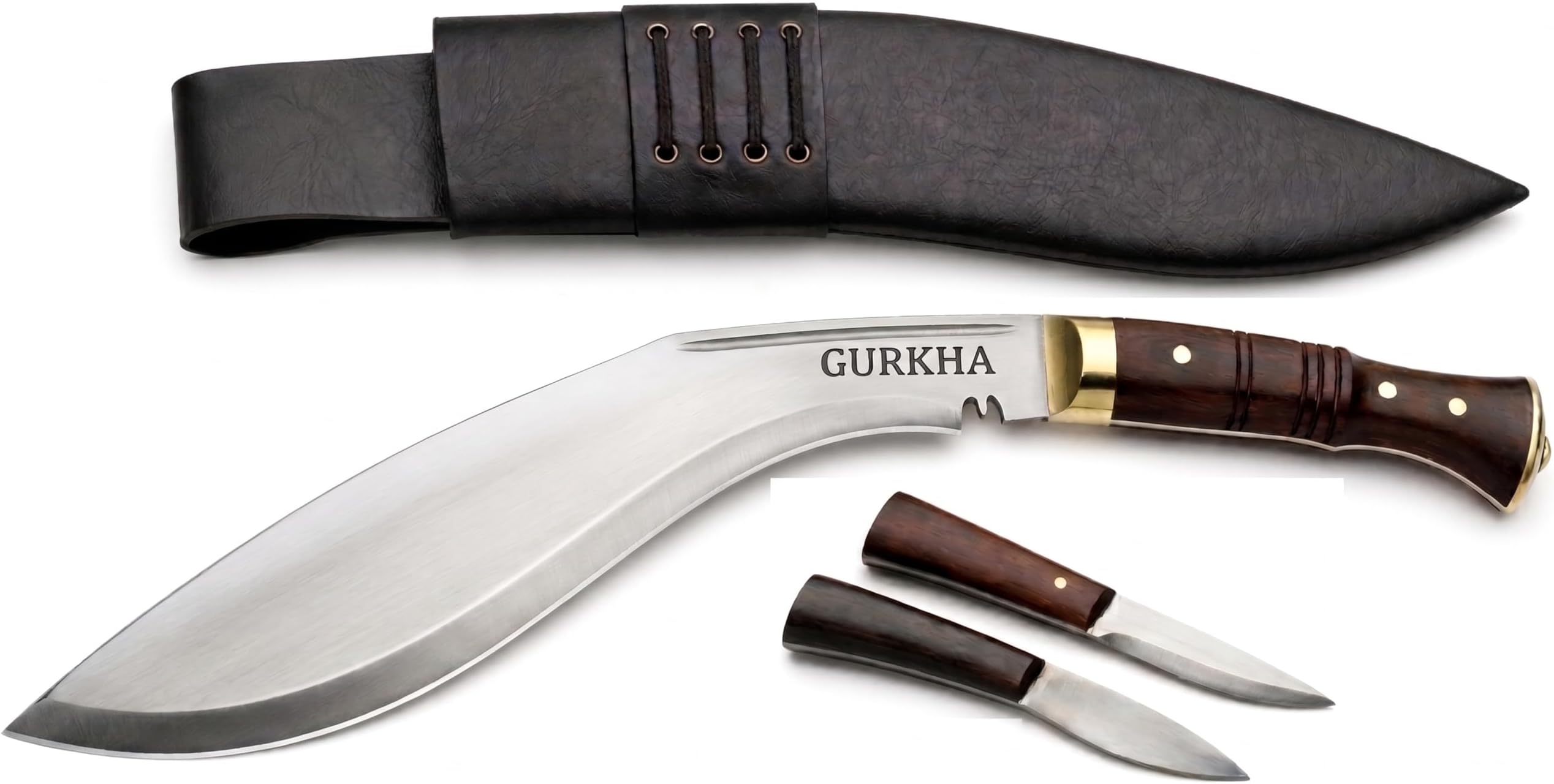 Gurkha Kukri Knife โ Hand-Forged in Nepal โ WW II 11" Carbon Steel Blade | Full Tang Khukuri โ Heavy Duty Chopping, Survival & Bushcraft with 2 Utilities Knives & Leather Sheath