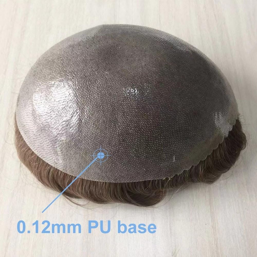 Tupecik męski Peruka męska, 6" naturalnie wyglądająca europejska peruka z ludzkich włosów, 0,1-0,12 mm, pełna skóra poliuretanu włosami włosowymi, system wymiany protezy kapilarnej Treski(6x8)