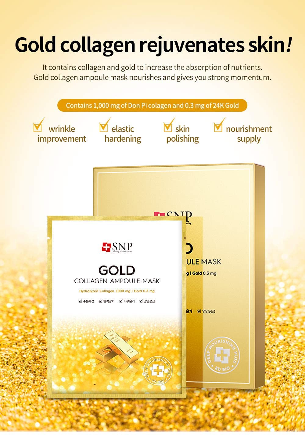 SNP - Gold Ampoule with Collagen Anti-Aging Korean Face Sheet Mask - Plumps & Tightens Using Real 24K Gold for All Skin Types - 10 Sheets - Best Gift Idea for Mom, Girlfriend, Wife, Her, Women : Beauty & Personal Care