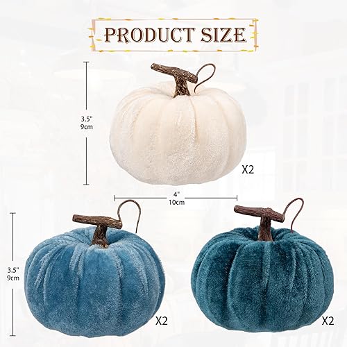 Miniatura 2 de Briful Decoración de calabazas de otoño para el hogar, 6 piezas de decoración de calabaza falsa de terciopelo azul y blanco para cosecha de otoño,