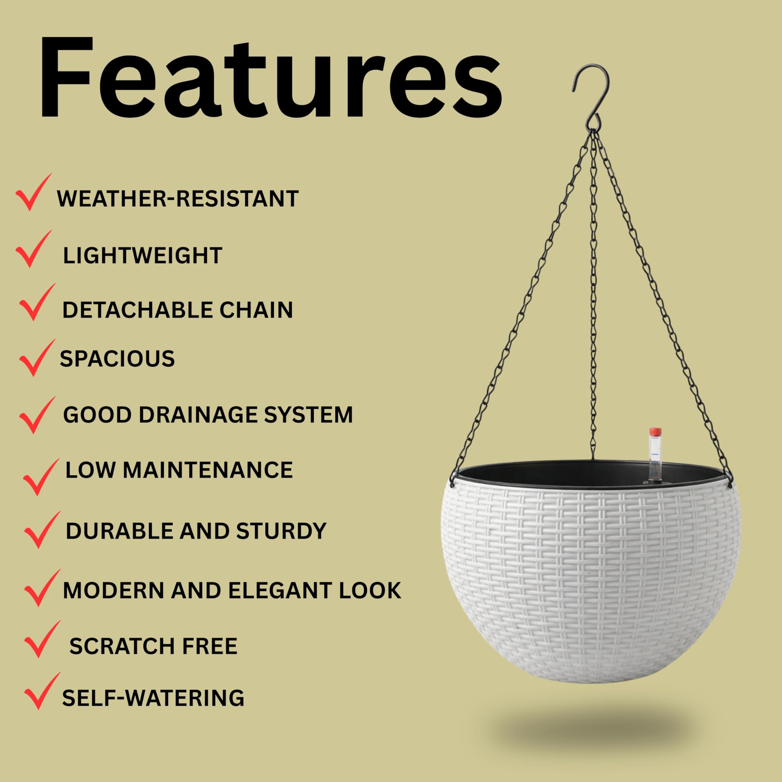 LáLáGreen Pot de Fleurs Suspendu Auto-Arrosant 28 cm avec Indicateur de Niveau d'eau, Jardinière Ronde Aspect Rotin avec Chaîne en Métal pour Balcon, Terrasse et Jardin (Blanche, 2)