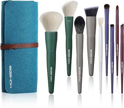 EIGSHOW 9 Pcs Makeup Brush Set, Travle Makeup Brushes Premium Synthetic Foundation Powder Concealers Eye Shadows Makeup Brush Set, 5 Colors with Pouch, Cute & Portable