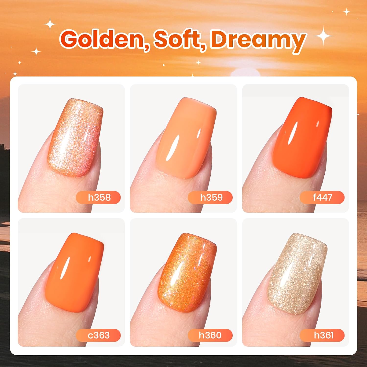 Beetles Orange Gel Nail Polish Set - Summer Sunset Auras Shimmer Gel Polish, 6 Colors Sunrise Tangerine Coral Orange Gel Nail Art, Soak Off Uv DIY Salon Manicure Kit Gift for Women