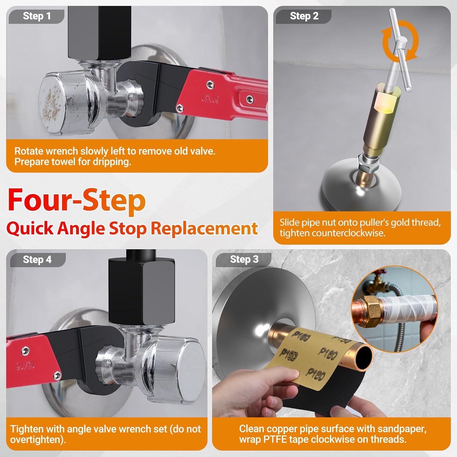 10PCS Angle Stop Valve Tool Kit with 2-in-1 Wrench – 15/16" & 5/8" Nut Wrench for Removal + 3/8" & 1/2" NPT for Installation, 1/2" Compression Sleeve Puller, Sandpaper & Tape