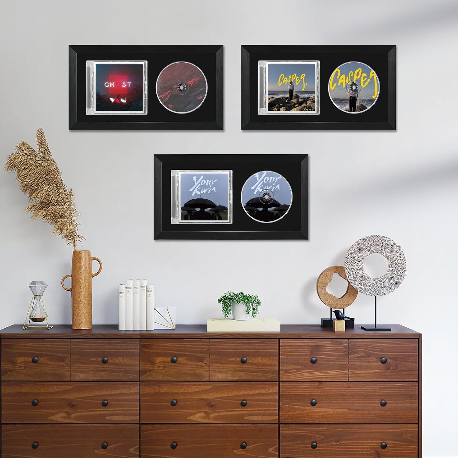 CD Display Frame for Jewel Case and Disc, Solid Wood, 7.7 x 14.4 in, Black | EVA Foam Slot with Black Flocked Fabric, Clear Front, Wall Mount or Desktop