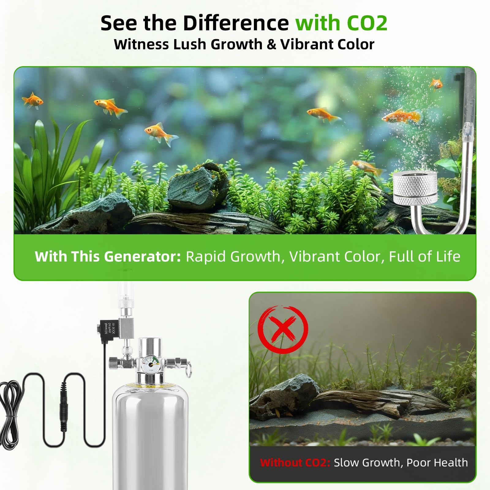 Kit Generador de CO2 para Acuario, Botella 2L Acero Inoxidable con Electroválvula y Contador de Burbujas