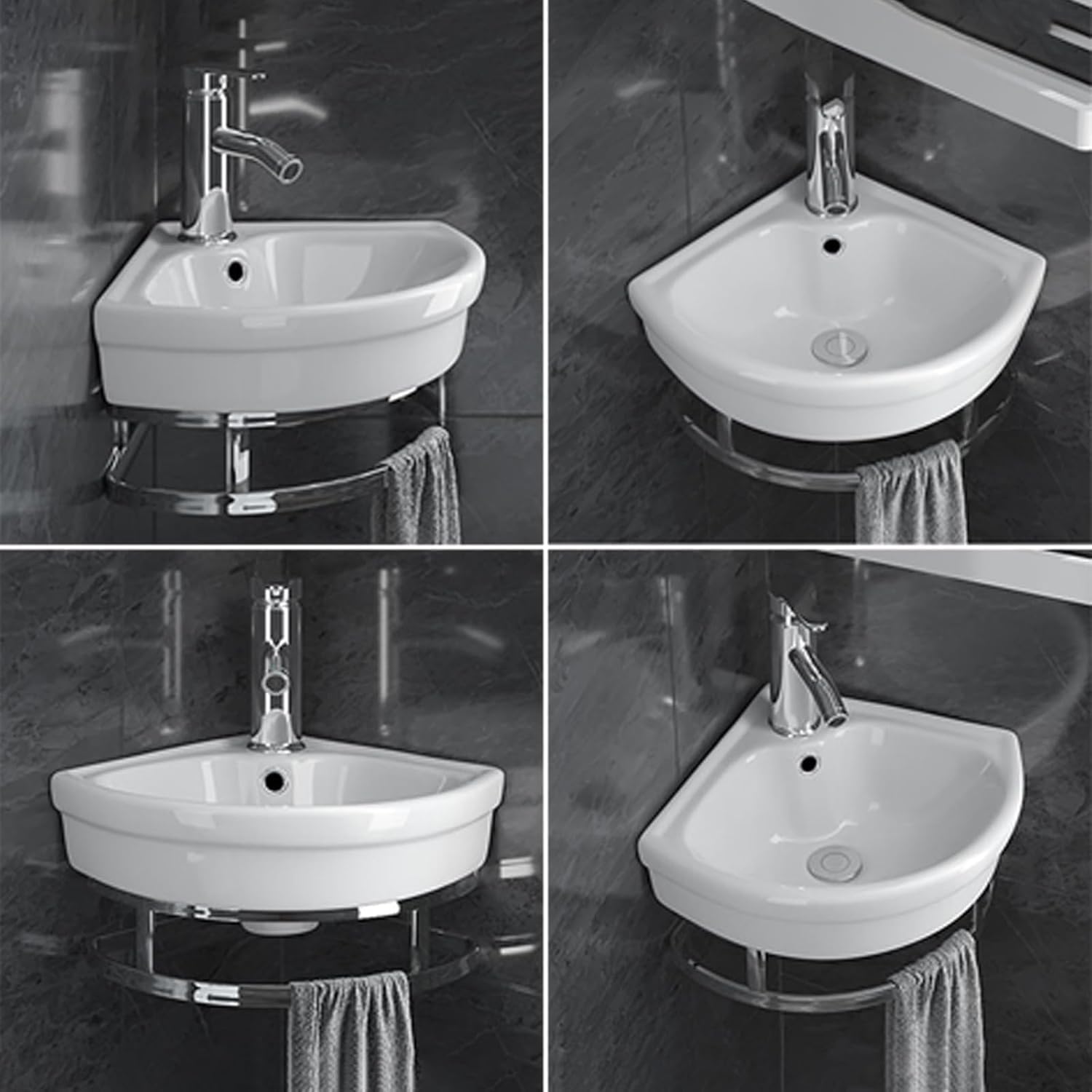12" Modern Wall Mount Corner Vessel Sink with Faucet Drain & Towel Bar - Space-Saving Design for Bathroom Kitchen Laundry Restaurants & Farmhouse,