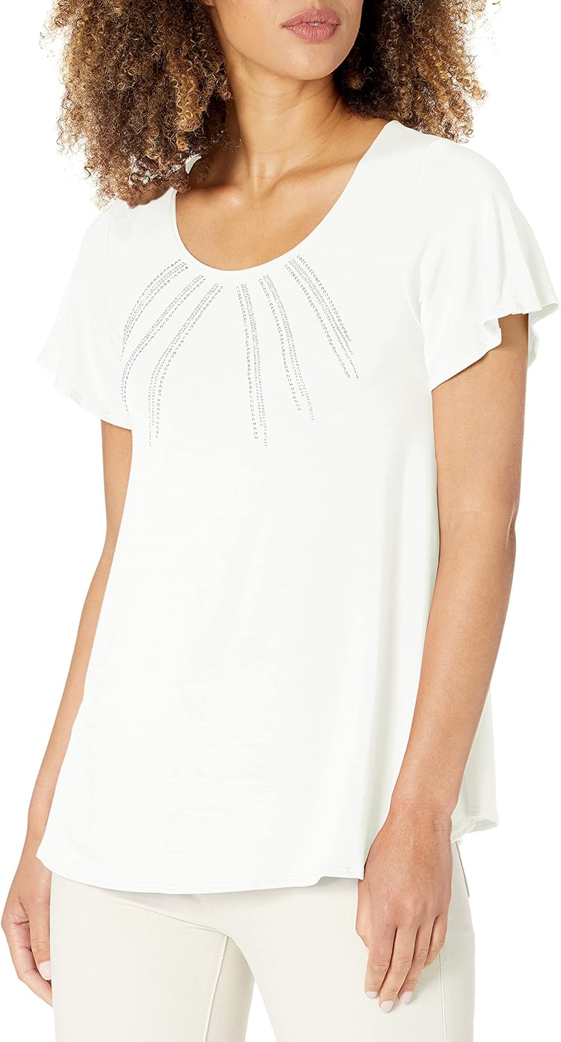 Star Vixen Women’s Cold Shoulder Top – Stretchy Rayon With Gold & Silver Stud Trim, Petite Friendly - View #2