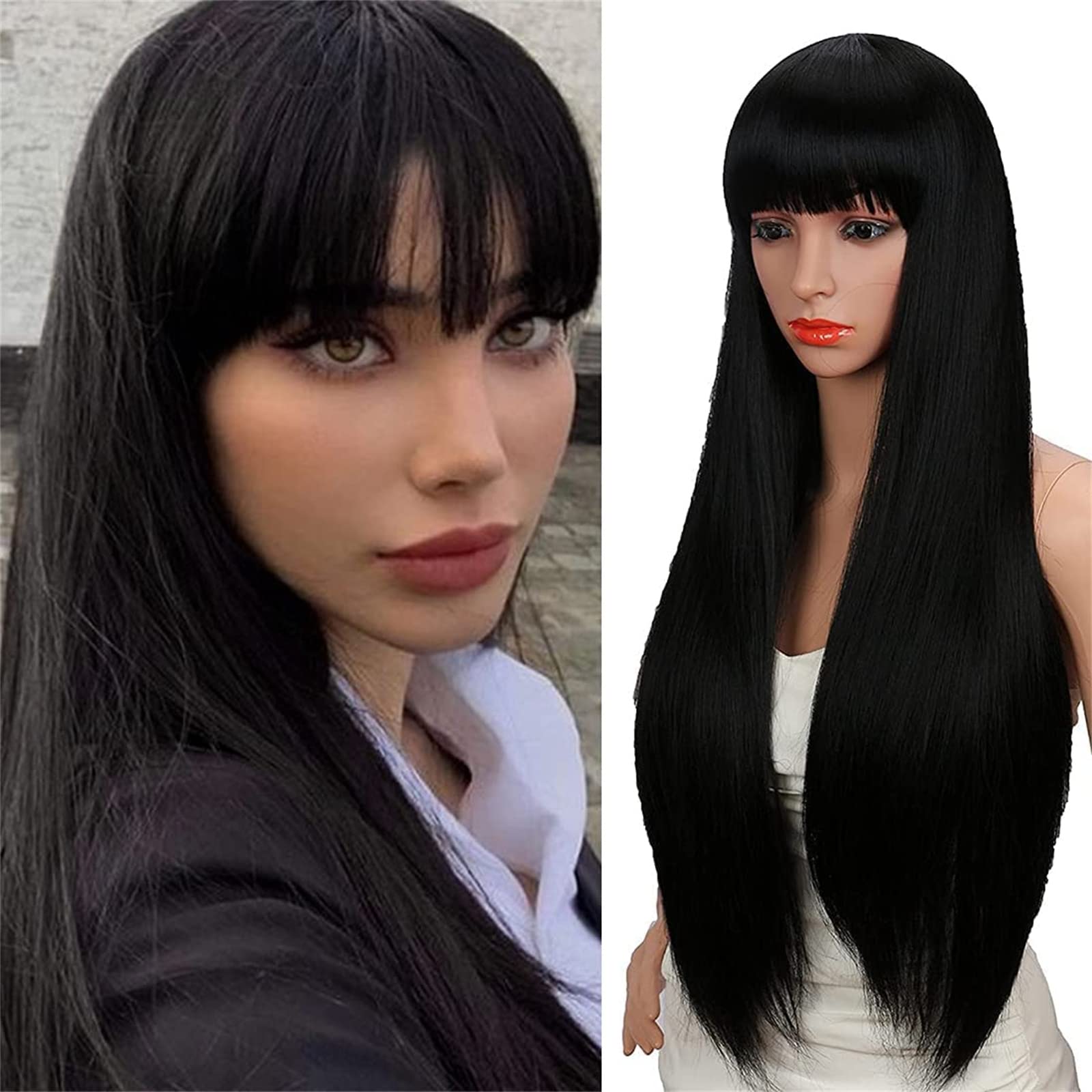 Arabest Long Straight Wig with Bangs, Fashion Silky Soft Remy Hair Heat Resistant Fiber Synthetic Wig, Regular Everyday Wig, Natural Blonde Wigs for Women Party and Cosplay (Black)