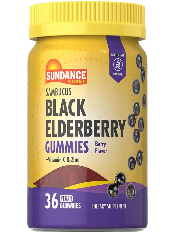 Sundance Suplemento de sabugueiro-preto para adultos com vitamina C e zinco, 400 mg, 36 gomas