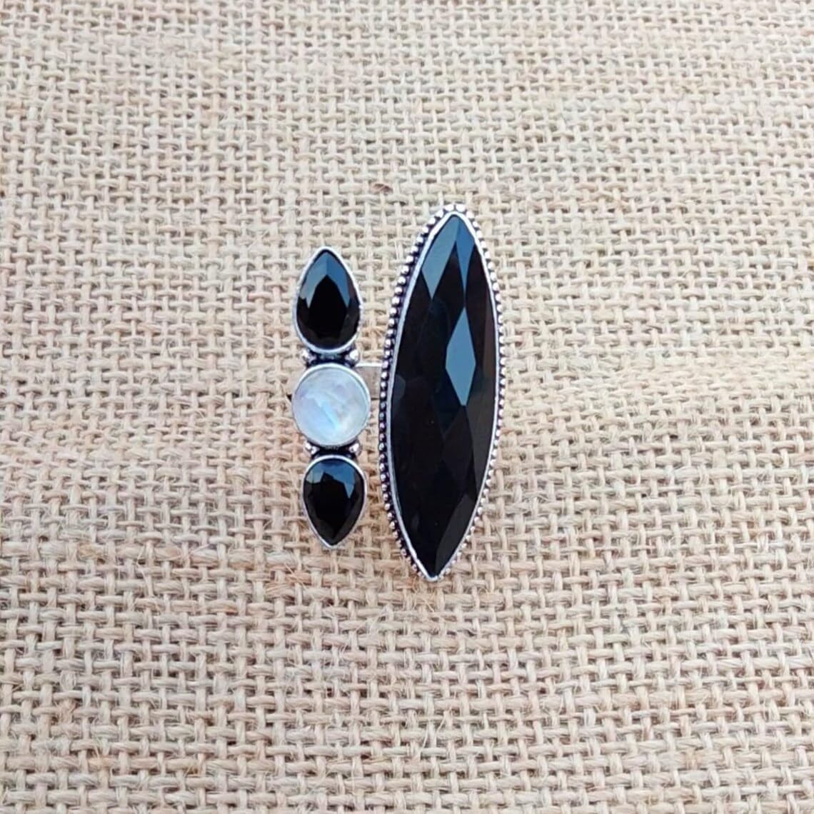 Black Onyx And Moonstone Multi Gemstone Ring,Handmade Statement Ring,Natural Black Onyx Gemstone,925 Sterling Silver Ring,