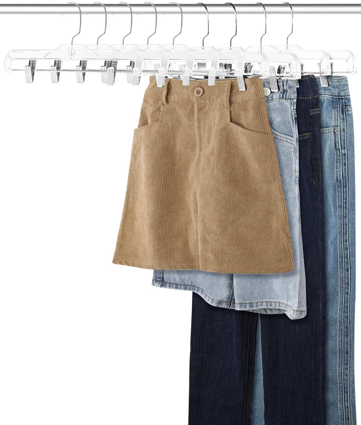 AMKUFO Pants-Hangers-with-Clips-30-Pack, 14 Inch Clear-Plastic-Skirts-Hangers-with-Adjustable-Clips for Shorts Jeans Trousers, Clothes-Hangers Non-Slip Clip-Hangers
