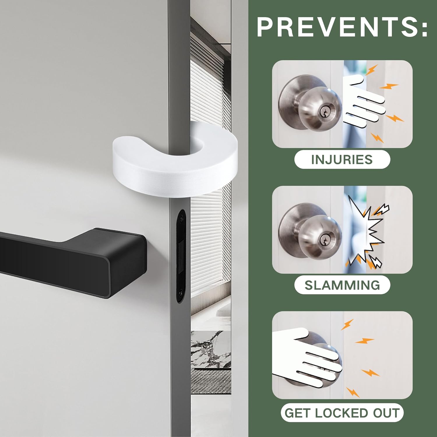 Diagram showing how the door pinch guard prevents finger injuries, door slamming, and accidental lock-outs.