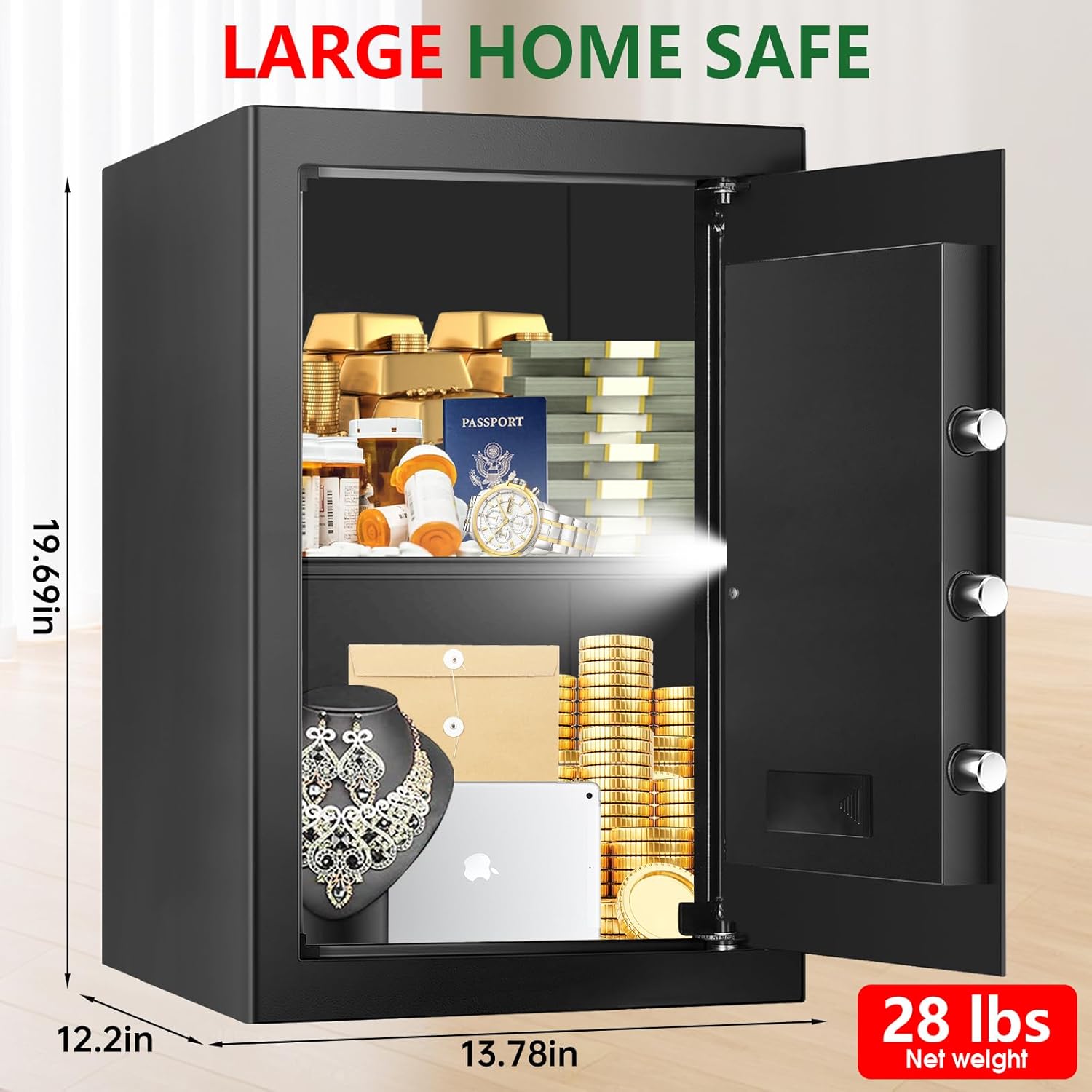 3.4 Cuft Large Home Safes Water and Fireproof with Digital Keypad & Key Lock, Security Safes for Home with DIY Removable Shelf, Anti-Pry Safe Box for Money Documents Jewelry, 19.69"H x13.78"W x 12.2"D
