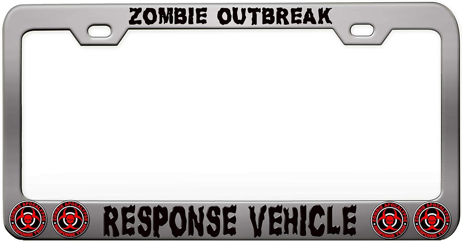 Zombie Outbreak Response Vehicle Zombie Chrome Steel Metal License Plate Frame Auto Car SUV Tag Holder, y7
