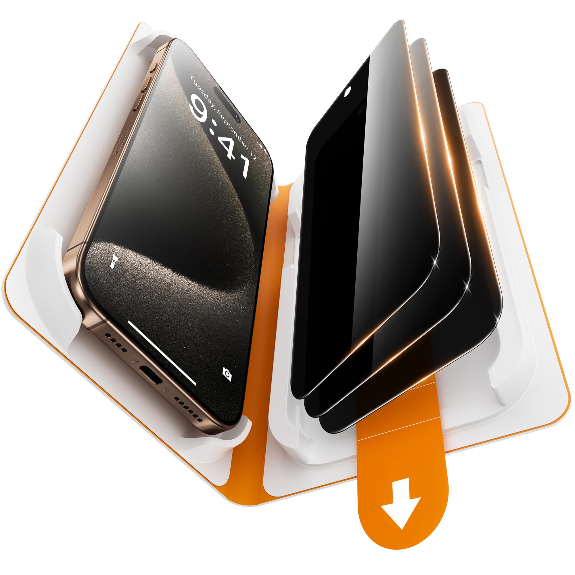 SuydanBox 3 Pack Privacy Screen Protector for iPhone 15 Pro, [One-Pull Installation] Military-Grade Shatterproof & Ultra Durable 9H Hardness, Anti-Spy Tempered Glass, Bubble-Free, Case Friendly