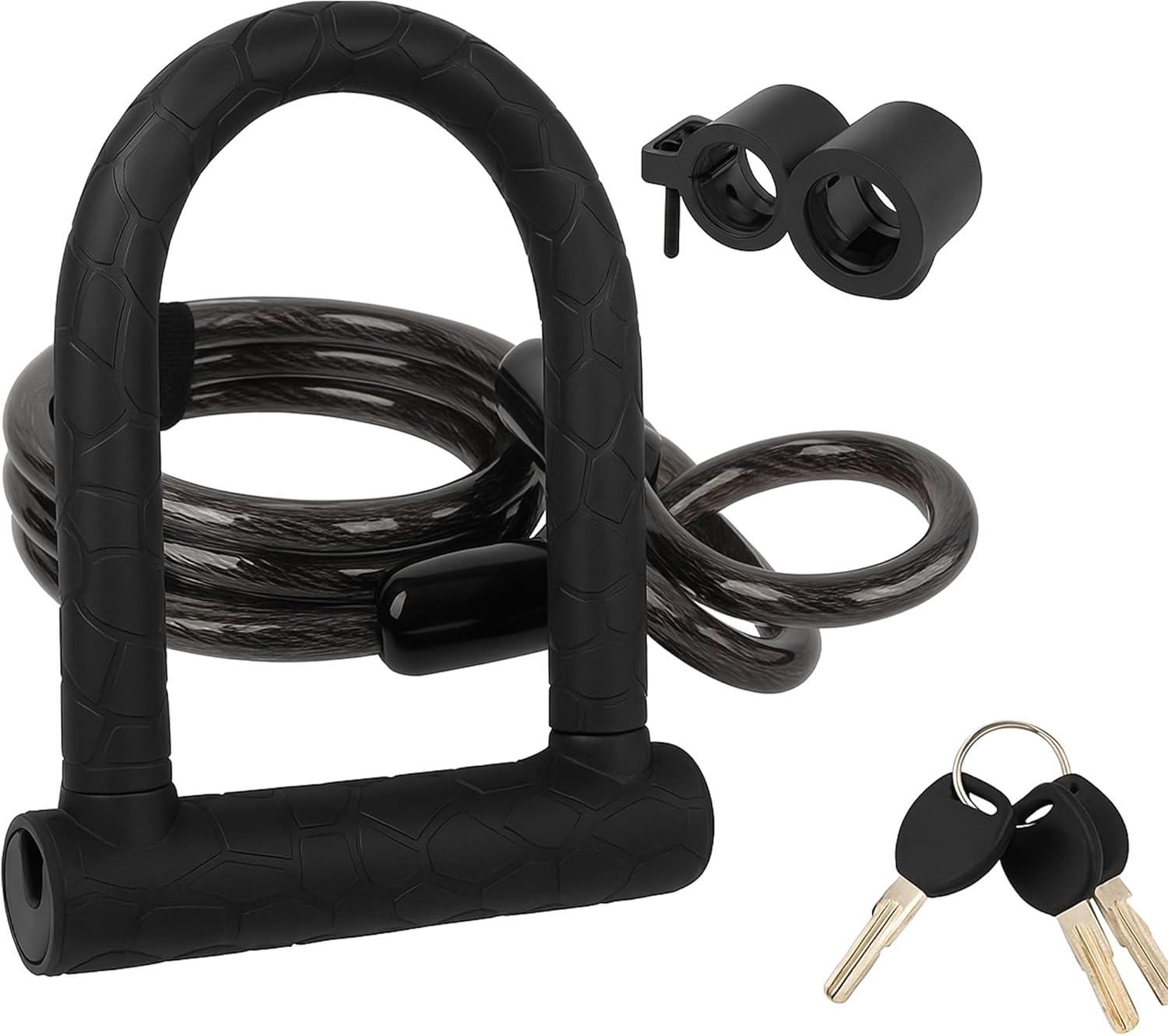 Bike U Lock with 4 ft Steel Cable, Black Heavy Duty Bicycle Lock with Mounting Bracket and 3 Keys, U Shackle Lock for Road Bike, MTB, E-Bike and Scooter