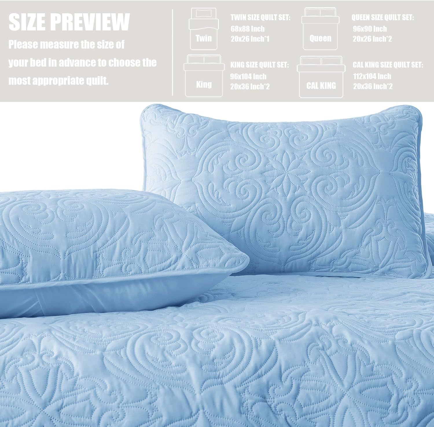 Exclusivo Mezcla Quilt Set Oversized King Size with 2 Pillow Shams, Lightweight Sky Blue Quilts with Vintage Damask Pattern, Soft Cal King Bedspreads Coverlets Bedding Set for All Seasons