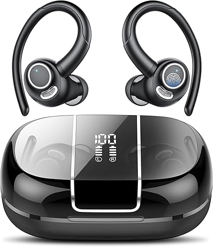 Auriculares inalámbricos Bluetooth 5.3 deportivos, reproducción de 48 horas con micrófono CVC8.0, auriculares estéreo Bluetooth con ganchos para los