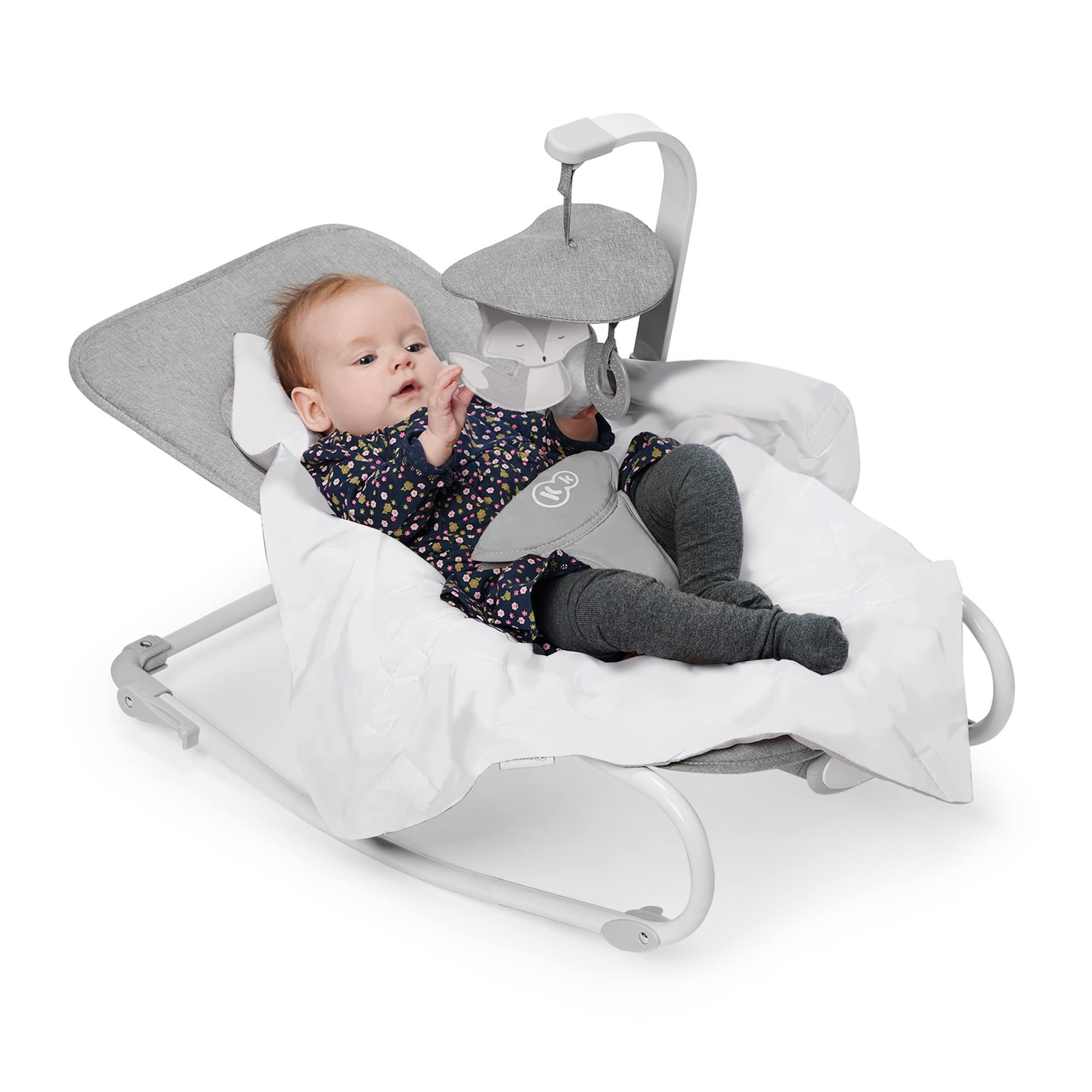 Kinderkraft FELIO2 Hamaca Bebé, Balancín, Silla mecedora con manta envolvente, mosquitera y arco con 3 juguetes, vibraciones, 8 músicas, extremadamente ligera, Gris