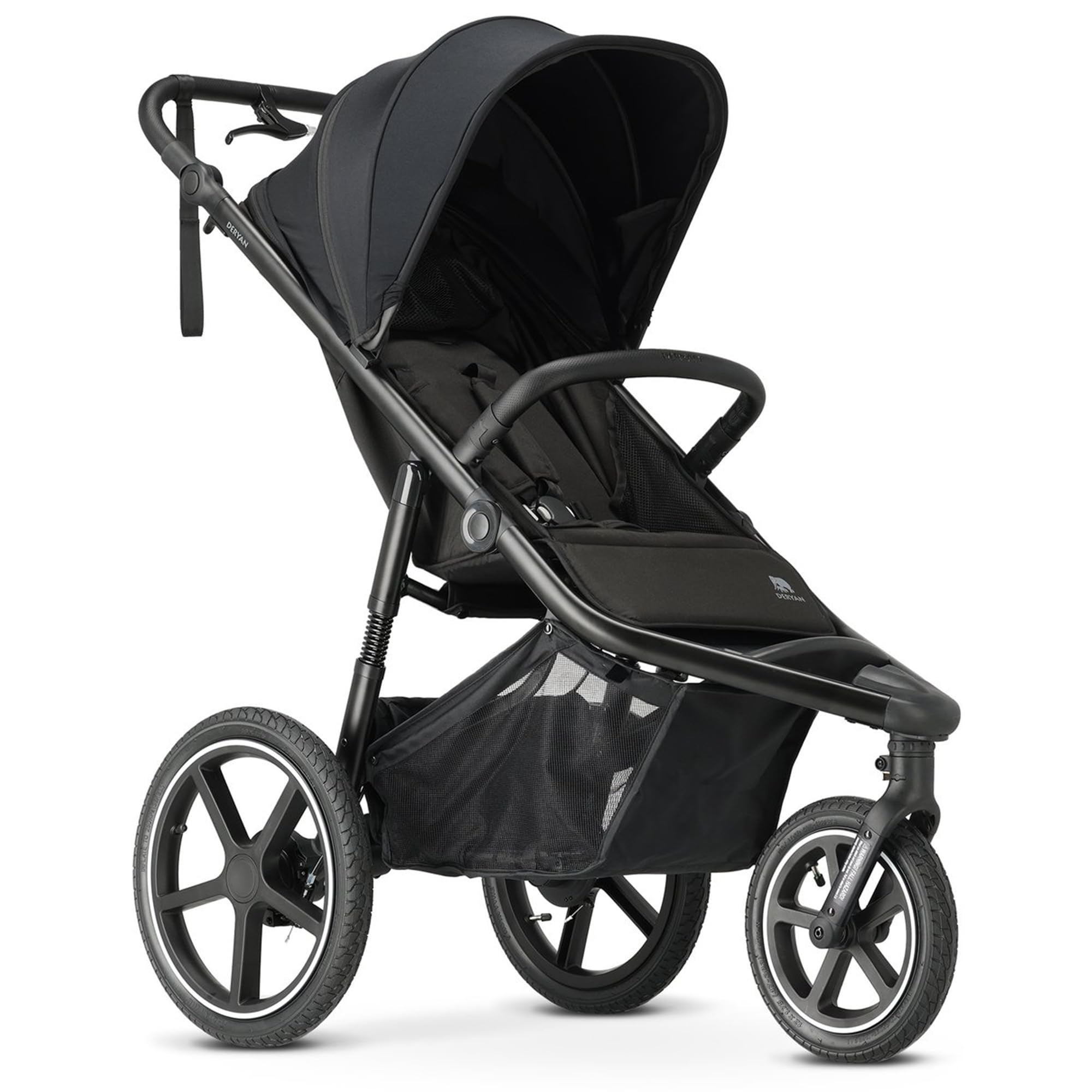 Deryan Bolt Jogger - All Terrain Pushchair with Mosquito Net - One Hand Folding and Portable - XL Air Wheels, UPF 50+ Reclining Backrest, Height-Adjustable Handle - from Birth up to 22 kg - Black