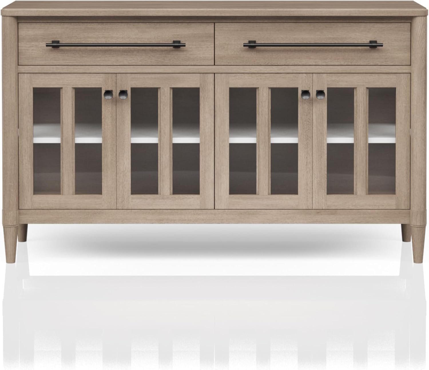 Power Ready Buffet with Glass Cabinet Doors and 2 Storage Drawers, Adjustable Shelf, Sand Colored Finish