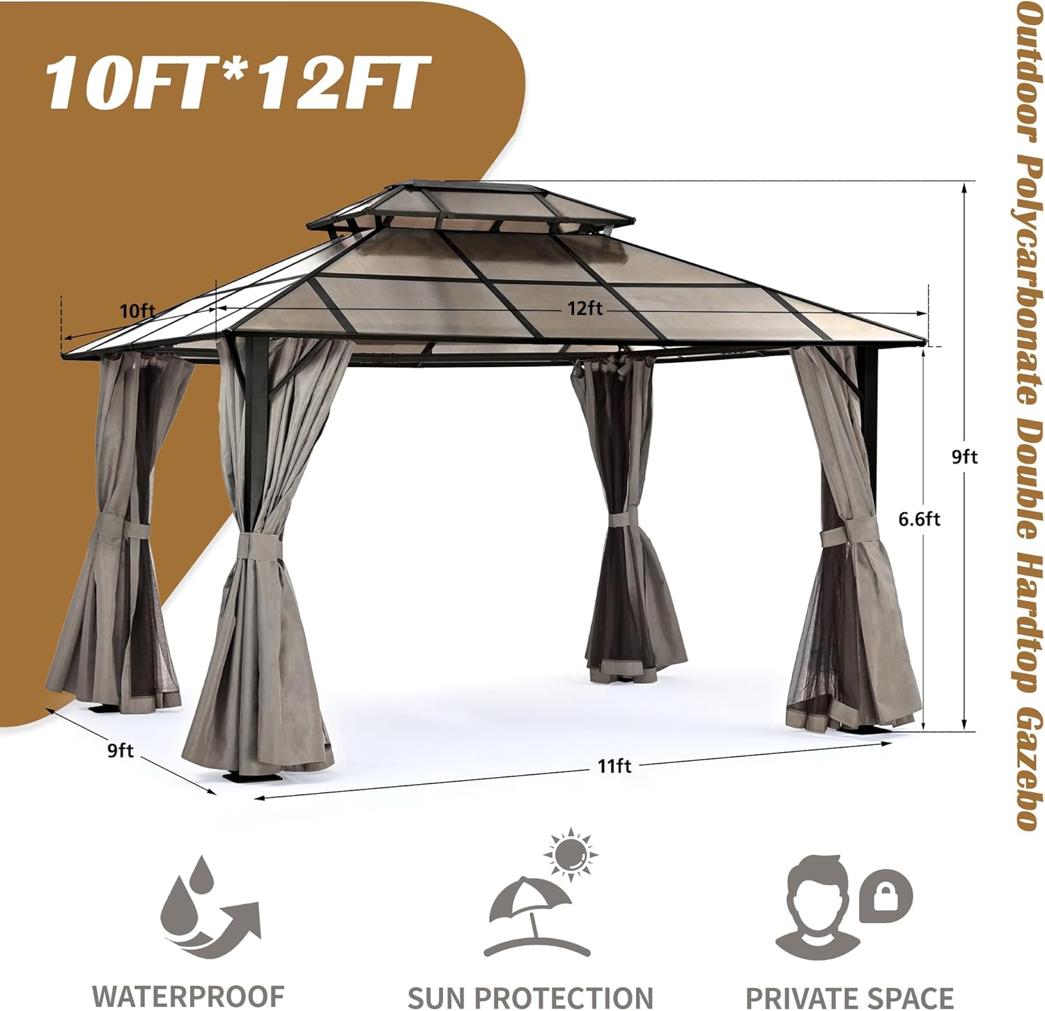 HAPPATIO 10'x 12' Outdoor Hardtop Gazebo, Polycarbonate Double Roof, Aluminum Furniture Gazebo Canopy with Netting and Curtains for Garden, Patio,Deck (Brown)