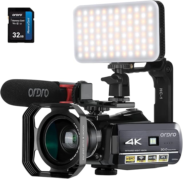 ORDRO AC3 Camcorder 4k Video Camera1080P 60FPS IR Night Vision Camera Ghost Hunting Camera with Microphone, LED Light, Wide-Angle Lens, Handheld Holder and Carrying Case