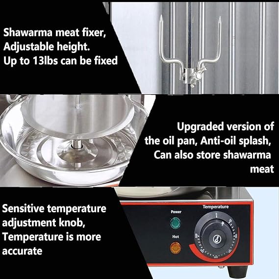 Electric Shawarma Machine Vertical Rotisserie Grill with Oil Collecting Pan, Stainless Steel Oven Grill, Adjustable 300C, 360 Rotating Kebab