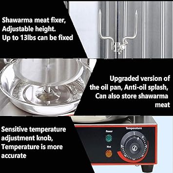 Electric Shawarma Machine Vertical Rotisserie Grill with Oil Collecting Pan, Stainless Steel Oven Grill, Adjustable 300C, 360 Rotating Kebab