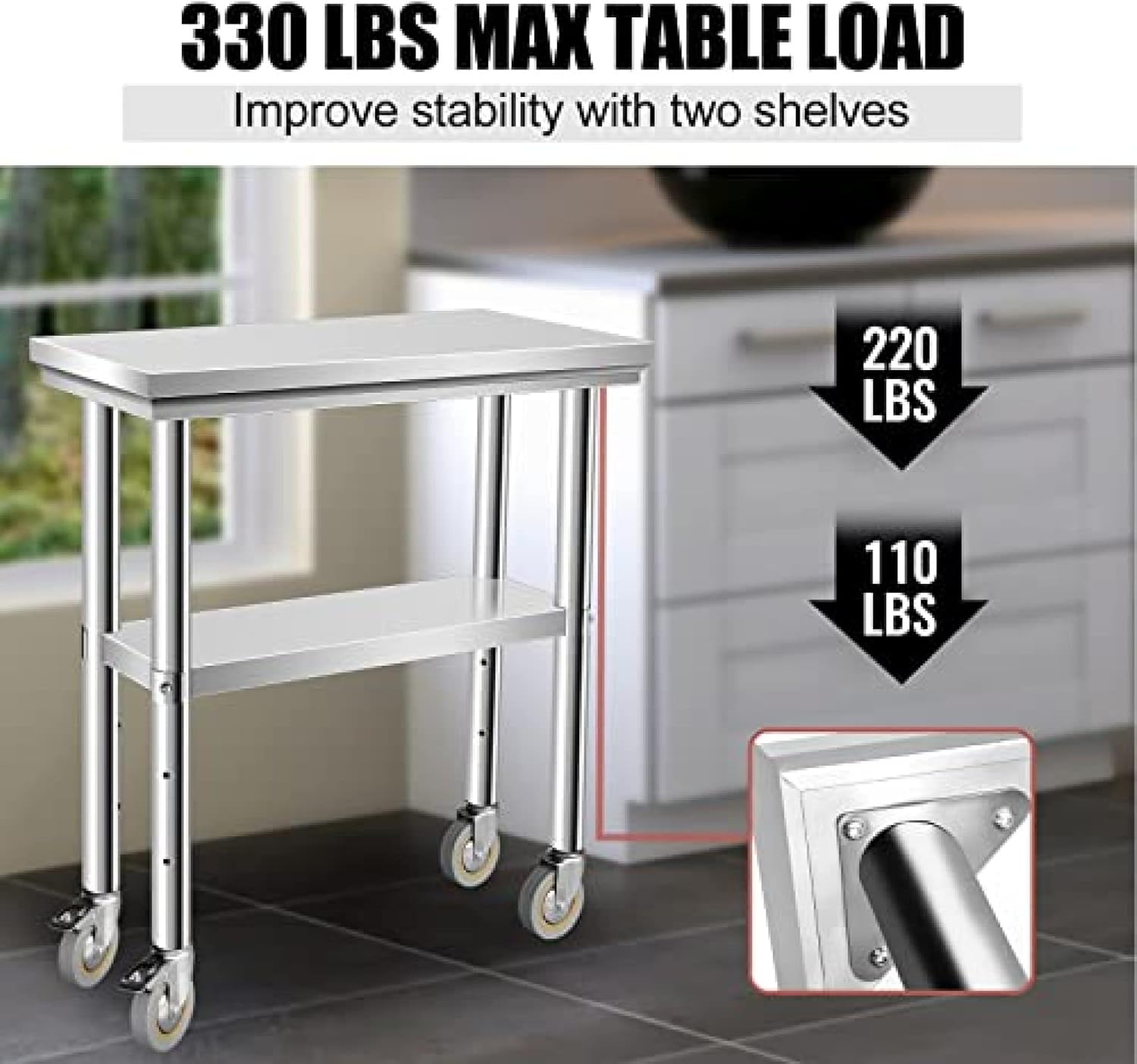 AHLOKI Stainless Steel Work & Prep Table with Caster Wheels and Under Shelf for Restaurant, Home, Hotel,24''x12''