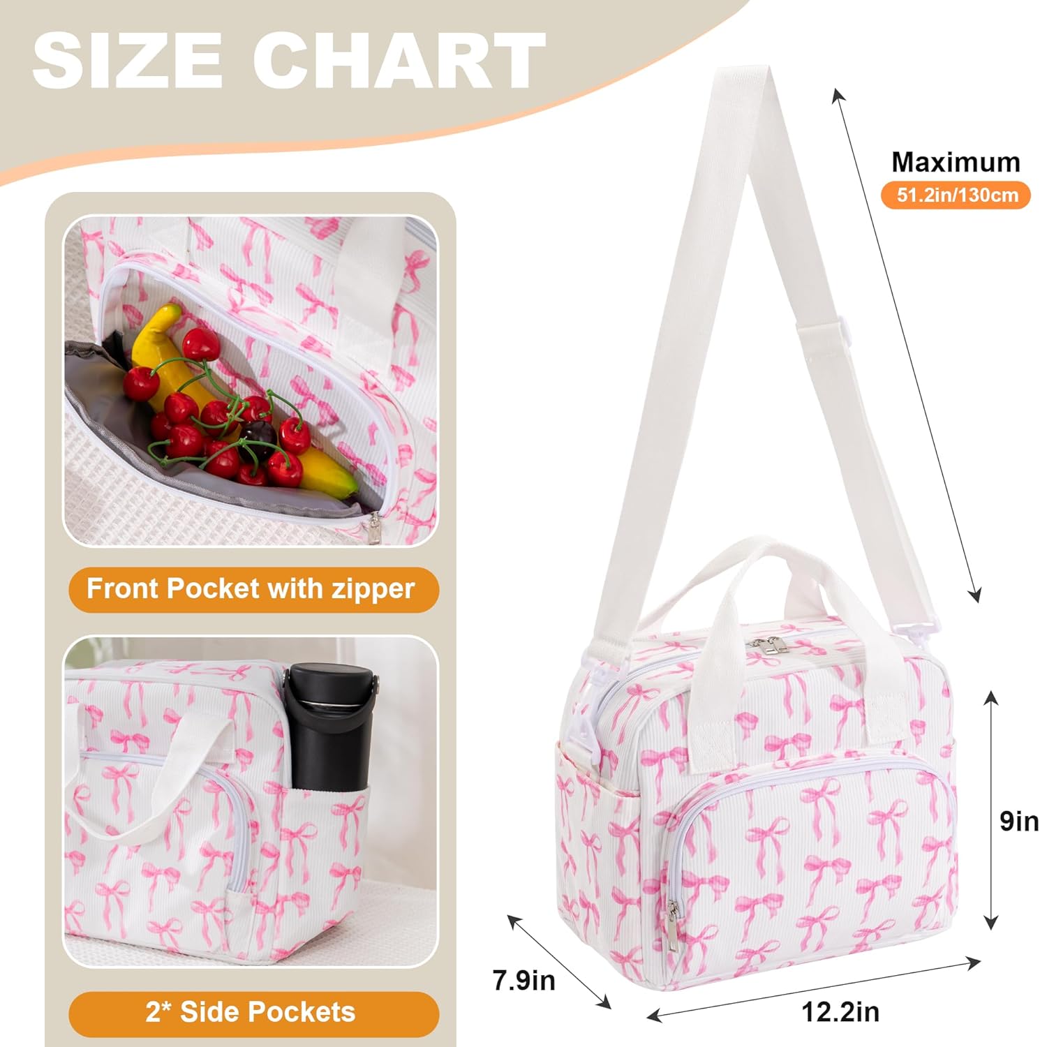 Large Lunch Bag for Women Insulated Lunch Box Reusable Cooler Bag Portable Cute Corduroy Leakproof Tote Bags for Travel, Work, and Picnic, Ribbon Bow