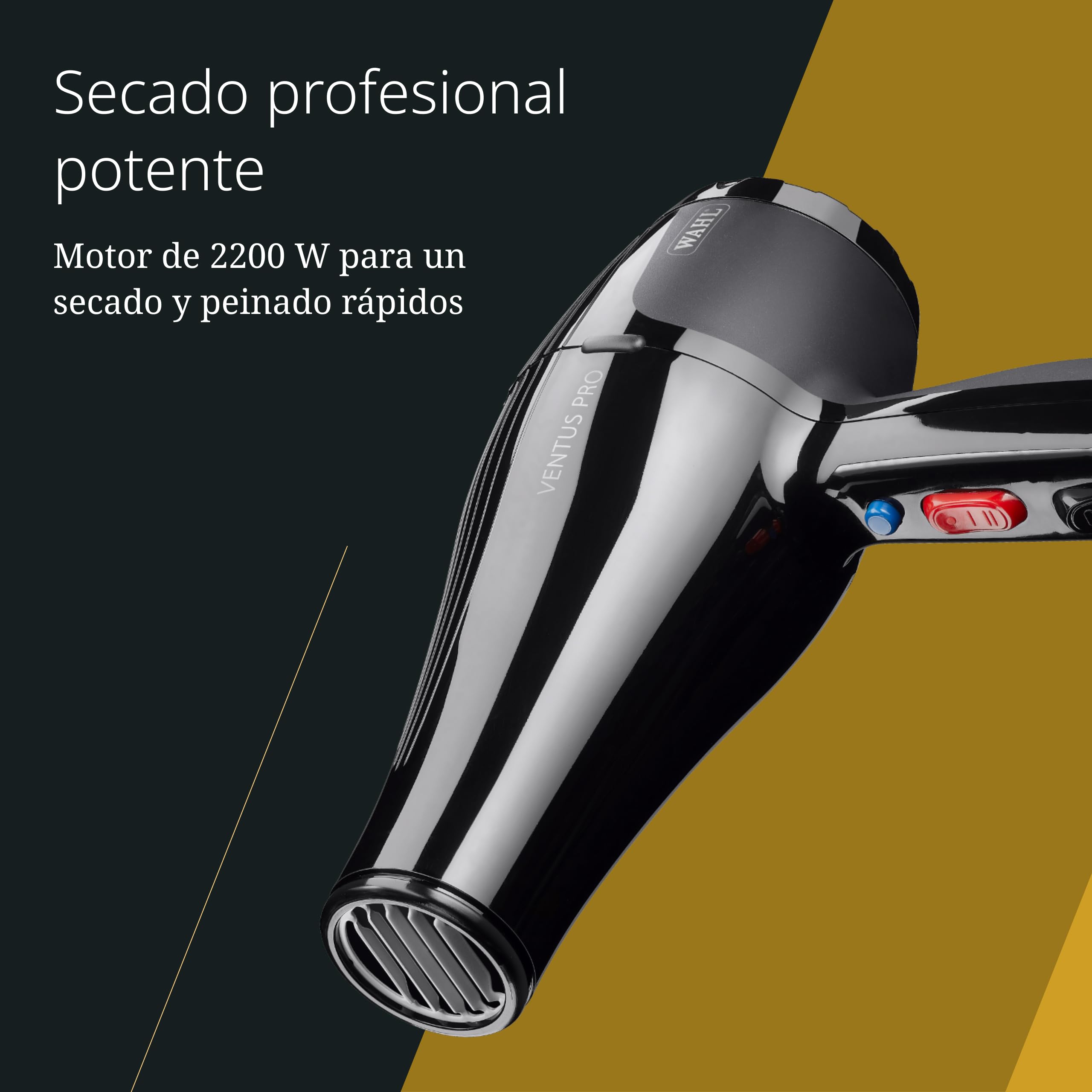 Moser Ventus Pro, Secador de Pelo Compacto Profesional, 2200 W | Secador 2200 W, Motor de CA, Cerámica-Turmalina, 2 Velocidades y 3 Niveles de Calor, Compacto 515 g, 2 Boquillas