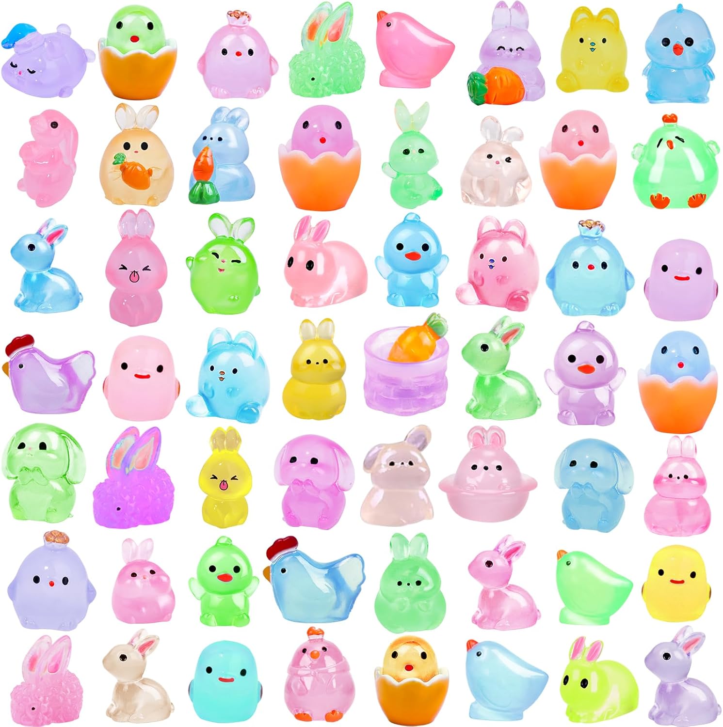 60Pcs Easter Luminous Mini Resin Figurines Miniature Figurines Tiny Small Easter Glow in The Dark Little Bunnies Chicken for Dollhouse Eggs Fillers Landscape Micro Garden Decoration Party Favors