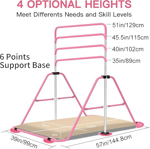 EVERYMILE Gymnastics Bars With Self-Inflating Mat,50mm Thick Inflatable Pad No Air Pump Needed Gymnastics Equipment for Home,Adjustable Height Folding Horizontal Bar with Rings
