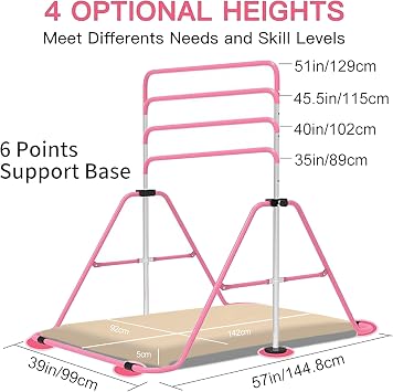 EVERYMILE Gymnastics Bars With Self-Inflating Mat,50mm Thick Inflatable Pad No Air Pump Needed Gymnastics Equipment for Home,Adjustable Height Folding Horizontal Bar with Rings