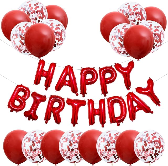 Red Happy Birthday Balloons Banner 16 Inch, 20Pcs 12 Inch Red Birthday Balloons Decoration, Red Latex balloons x10, Red Confetti Balloons x10, and Foil Balloons, for Boys Girls Women Birthday Party