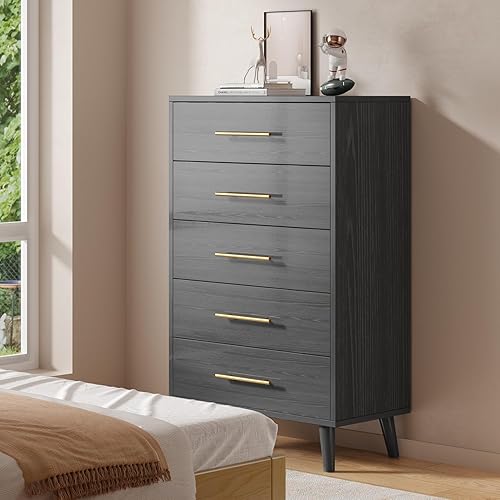 Miniatura 8 de Aiho Cómoda de 5 cajones para dormitorio, cómoda alta con asas de metal, organizador de almacenamiento de madera, cómoda de guardería, para sala de