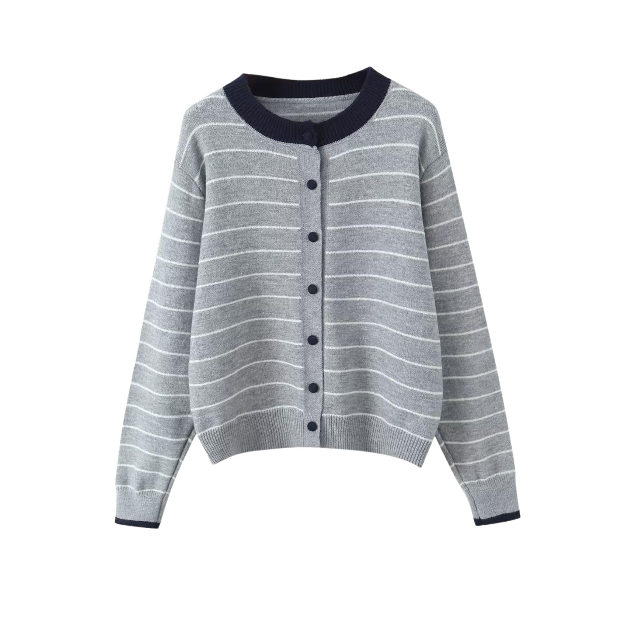 FindThy Womens Striped Knit Cardigan Trendy Crewneck Long Sleeve Button Down Color Block Cardigan Sweater