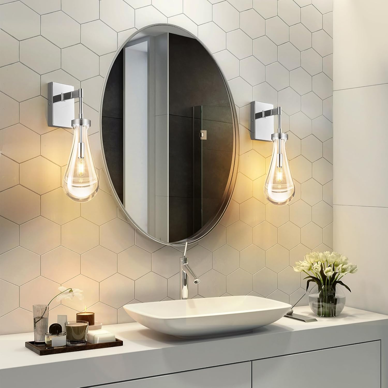 Raindrop Wall Sconces Set of Two Chrome Sconces Wall Decor Modern Brass Wall Lighting Glass Bathroom Sconces Indoor Vanity Light Wall Lamp for Bedroom Living Room Stair