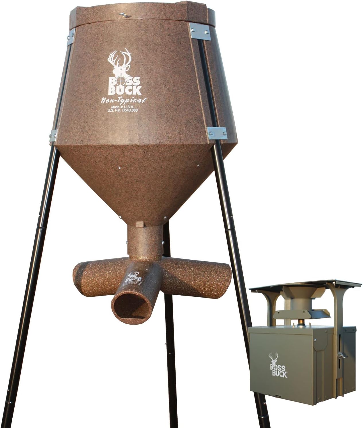 BOSS BUCK 200 LB Deer Feeder / Hunting Durable Lightweight Plastic UV Protected Waterproof Game Feeder with Protein 3 Feed Tubes Head, 12V Spinner Automatic Delivery System & Multi-Piece Legs : Sports & Outdoors