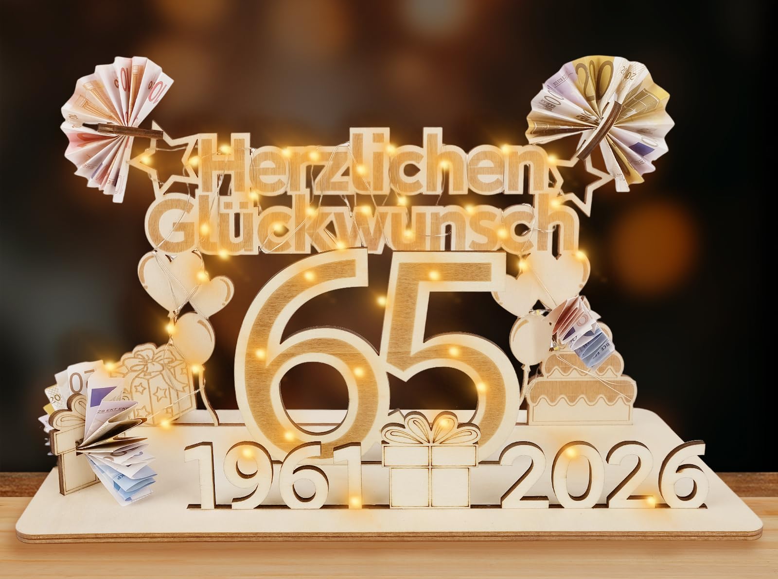 ARTREE Geldgeschenke Geburtstag Frau Mann, Holz Schild Gästebuch mit LED Lichterkette, Personalisiertes Geschenke Geburtstagszahlen, Geburtstag Deko, Hochzeit Deko