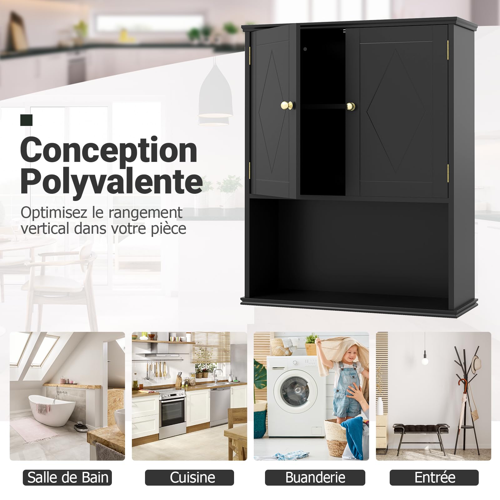 COSTWAY Armoire Murale Salle de Bain, Meuble WC Suspendu avec 2 Portes, Étagère Réglable, Compartiment Ouvert, Style Ferme, Gain de Place, pour Toilette, Buanderie, Cuisine, 21 x 60 x 75 cm (Noir)